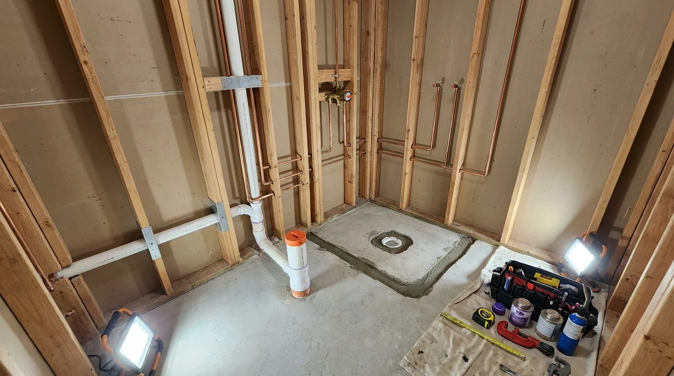 Bathroom rough-in plumbing during remodel by Johns Plumbing LLC in Jewett City