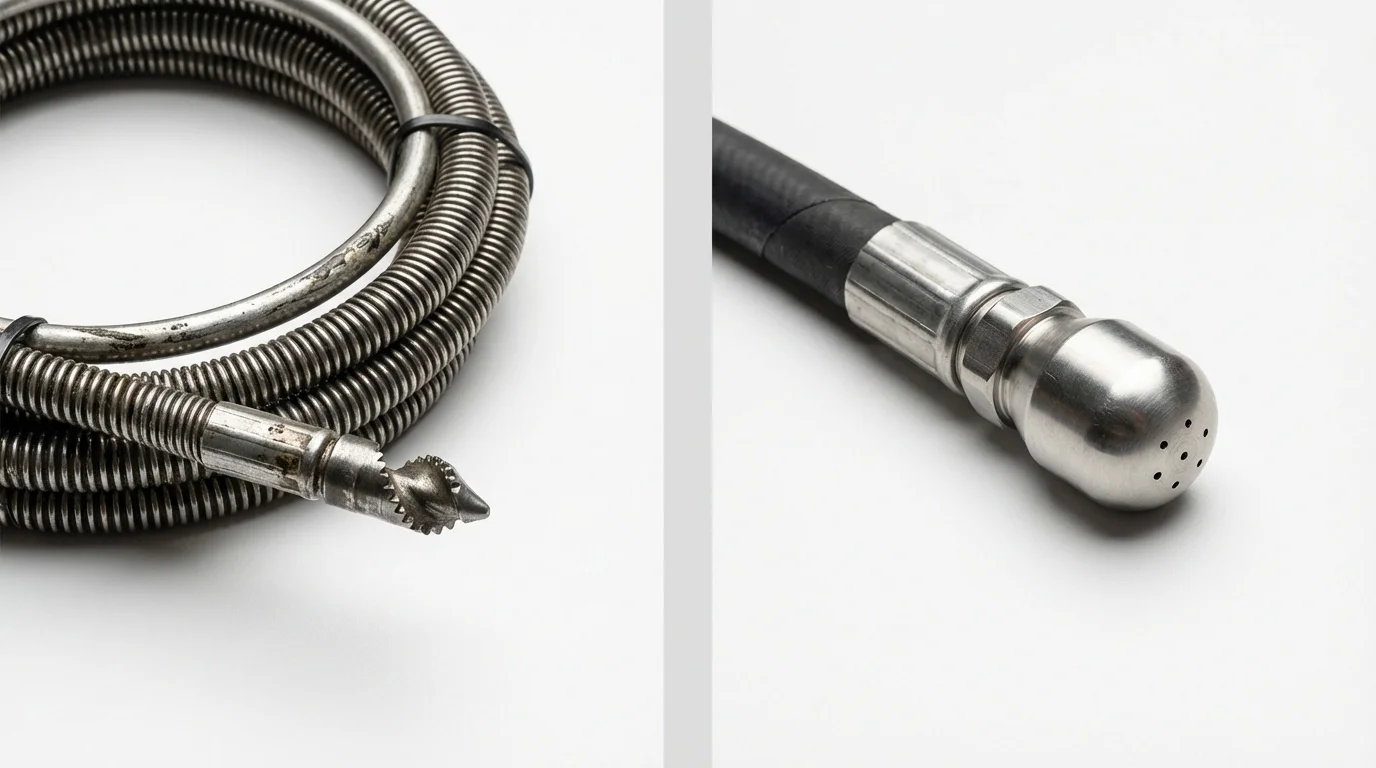 Drain snake cable and hydro jetting nozzle used for drain cleaning in Jewett City, CT