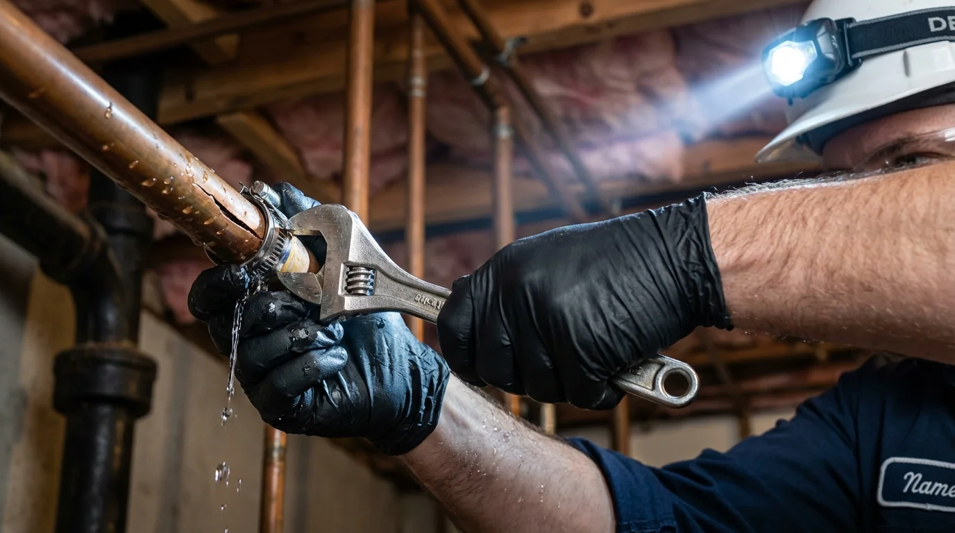 Emergency pipe clamp repair being performed by a Johns Plumbing LLC plumber in Jewett City