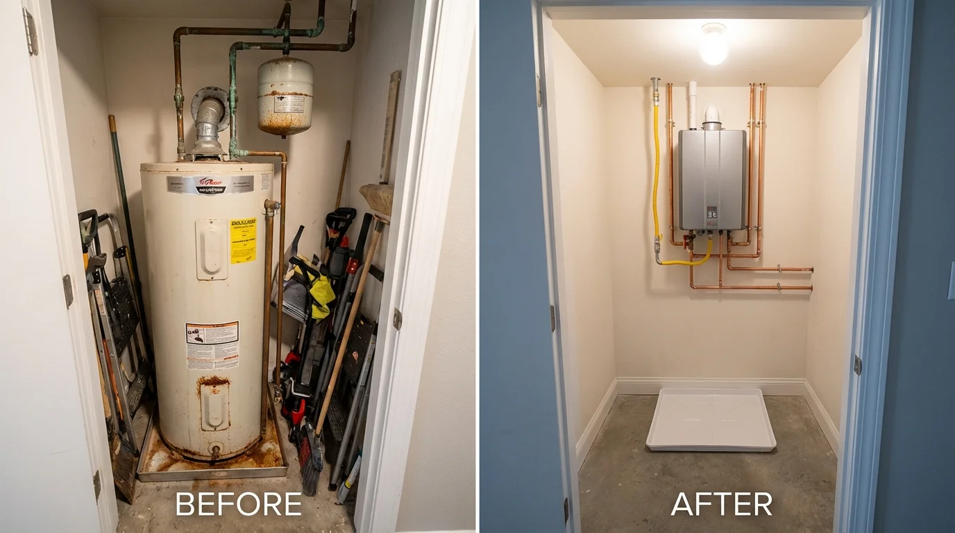 Tank water heater versus wall-mounted tankless unit comparison for Jewett City, CT homeowners