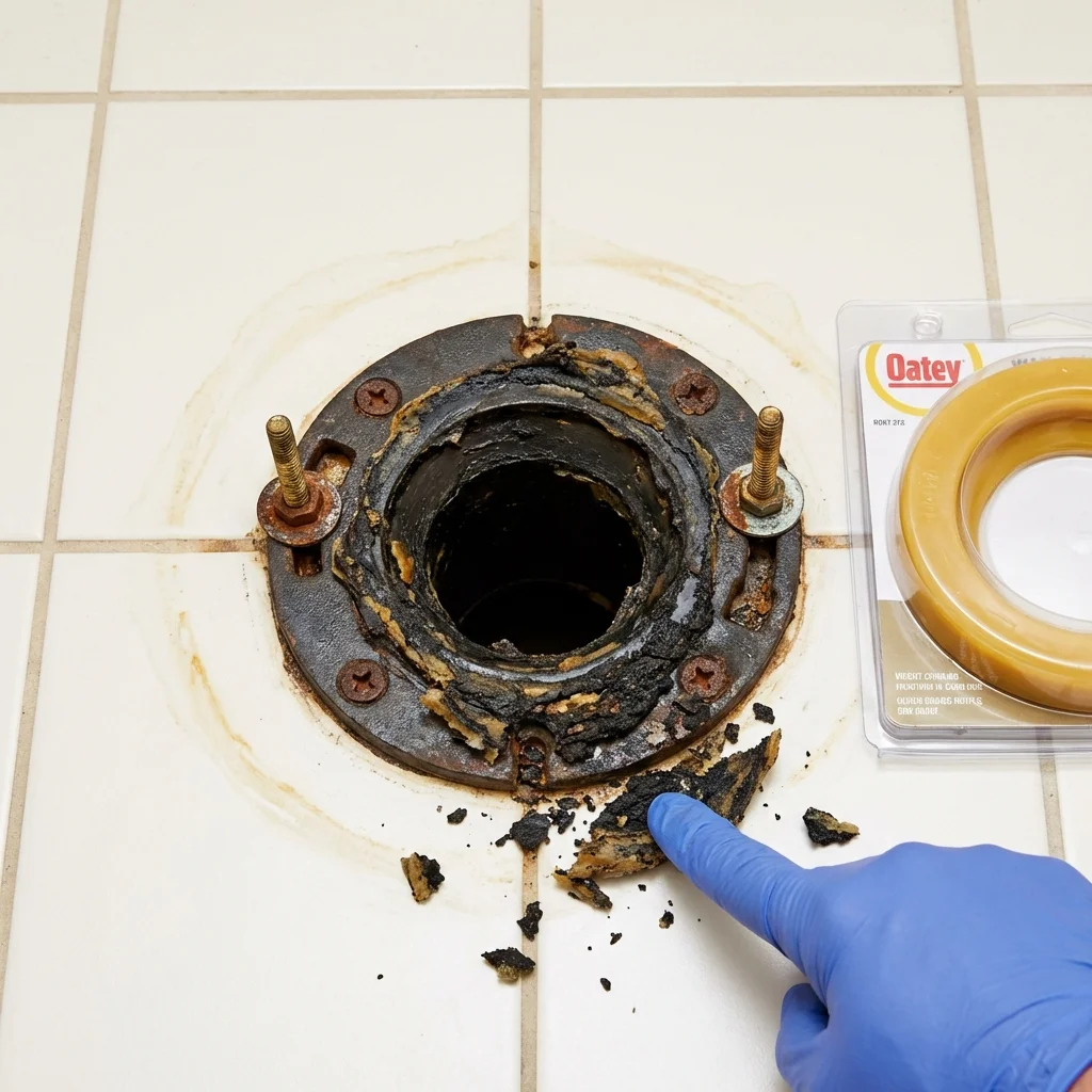 Failed wax ring showing water seepage at the base of a toilet in a Jewett City, CT home