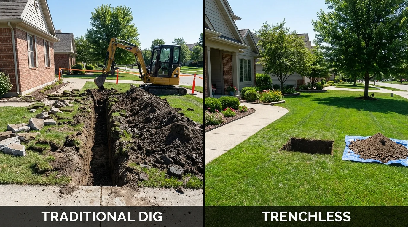Trenchless sewer repair with minimal yard damage versus traditional excavation in Jewett City, CT