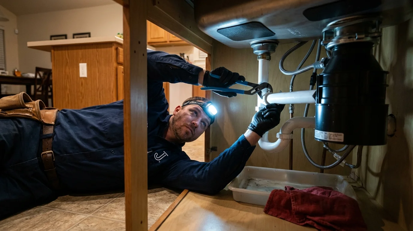 P-trap and supply line connections under a kitchen sink showing a common leak point in Jewett City, CT